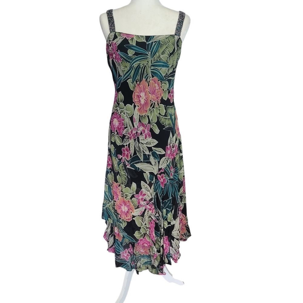 Bella Blue Vintage 90s Tropical Floral Rayon Maxi Dress Beaded Y2K Size 12